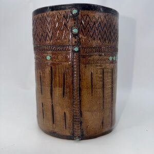 Studio Pottery Vase Southwest Western Brown Turquoise Dots Oval Signed Eiger